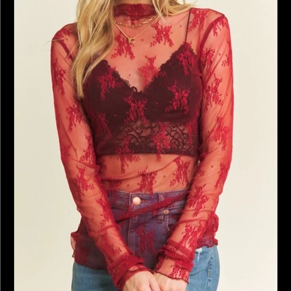 Red Mesh/Lace Long Sleeve Top